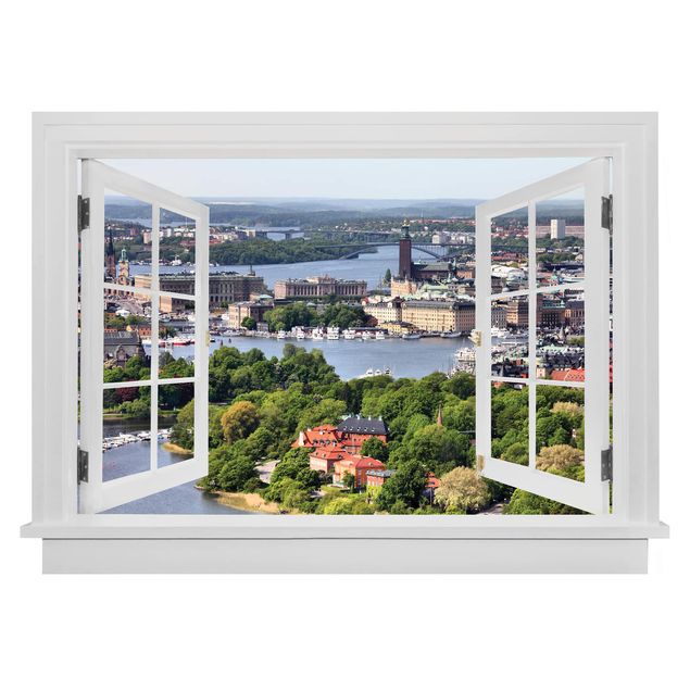 Muurstickers 3d Open Window Stockholm City