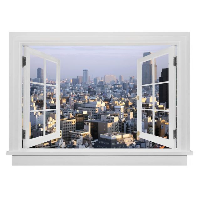 Muurstickers 3d Open Window Tokyo City
