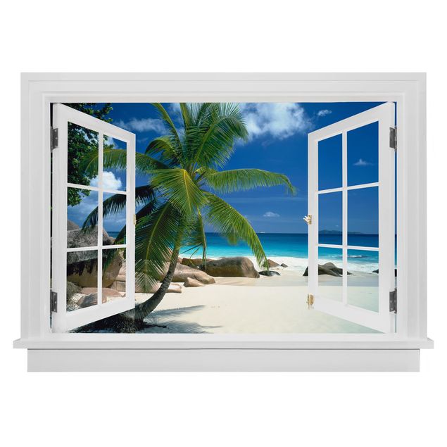 Muurstickers 3d Open Window Dream Beach