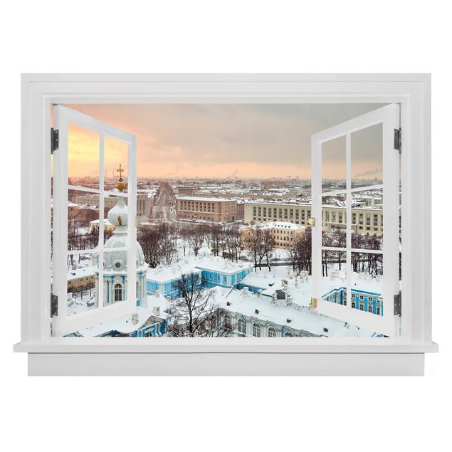 Muurstickers 3d Open Window Winter In St. Petersburg