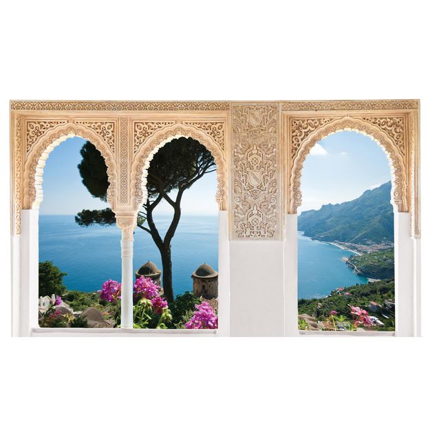 Muurstickers 3d Decorated Window View From The Garden On The Sea