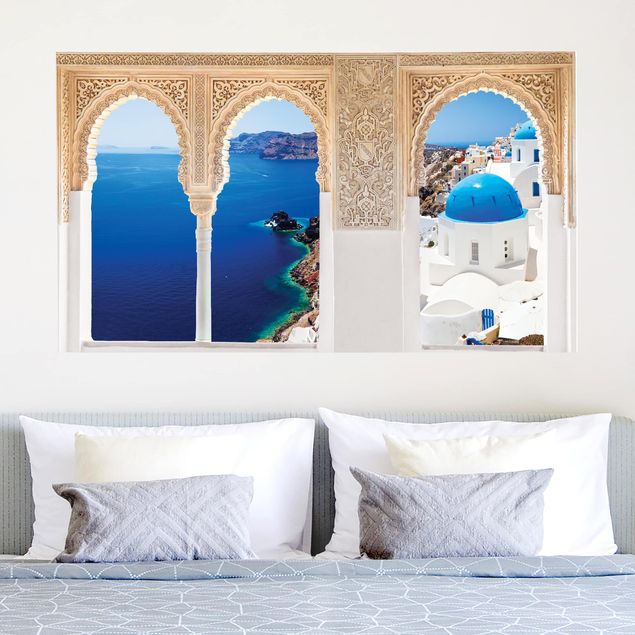 Muurstickers eiland Decorated Window View Over Santorini