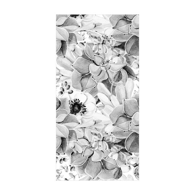 Vloerkleed eetkamer Watercolour Succulent With Flower In Black And White