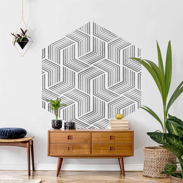 Hexagon Behang 3D Pattern With Stripes In Silver