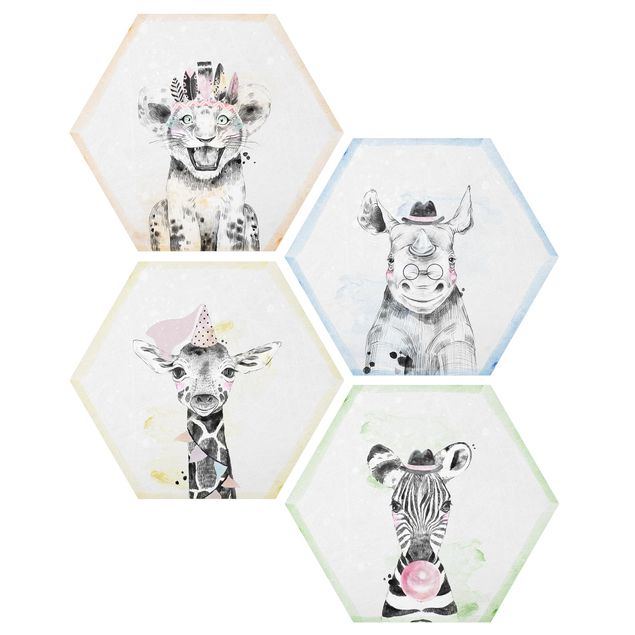 Hexagons Aluminium Dibond schilderijen - 4-delig Funny Safari Animals
