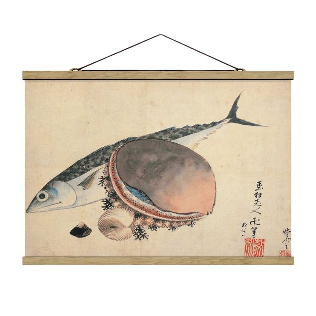 Stoffen schilderij met posterlijst Katsushika Hokusai - Mackerel and Sea Shells