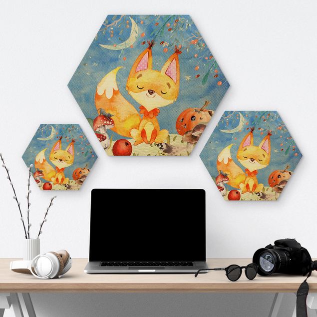 Hexagons houten schilderijen Watercolor Fox In Autumn