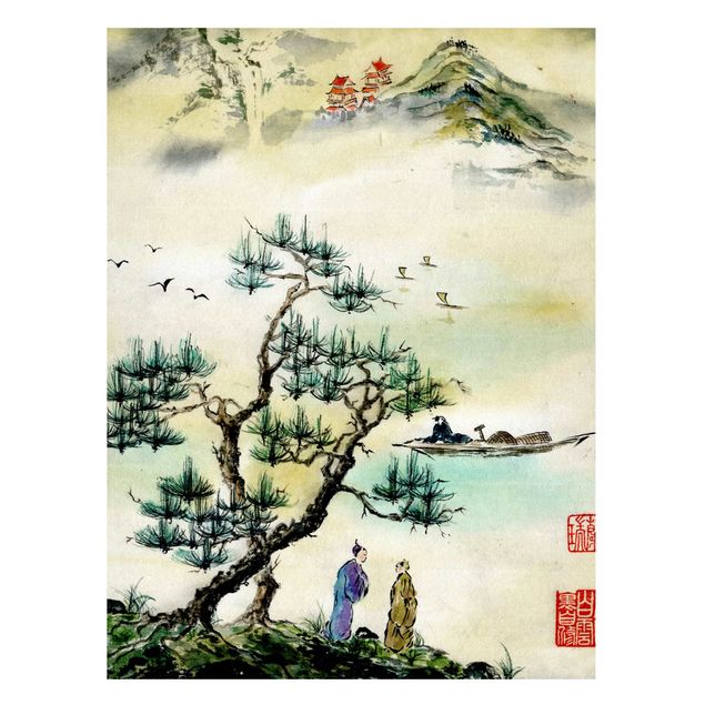 Magneetborden Japanese Watercolour Drawing Pine And Mountain Village