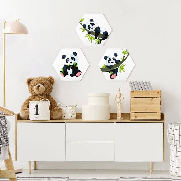 Hexagons Forex schilderijen - 3-delig Panda set