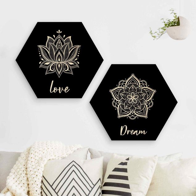 Hexagons houten schilderijen - 2-delig Mandala Dream Love Set Black
