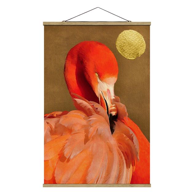 Stoffen schilderij met posterlijst Golden Moon With Flamingo