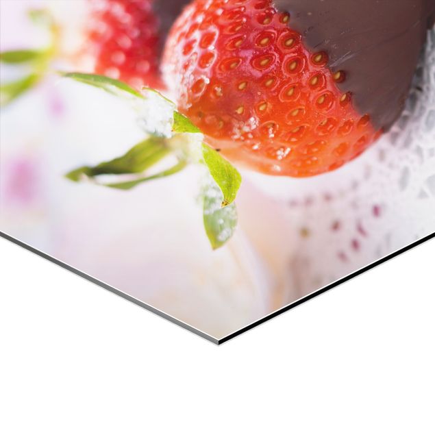 Hexagons Aluminium Dibond schilderijen - 3-delig Strawberries In Chocolate Vintage