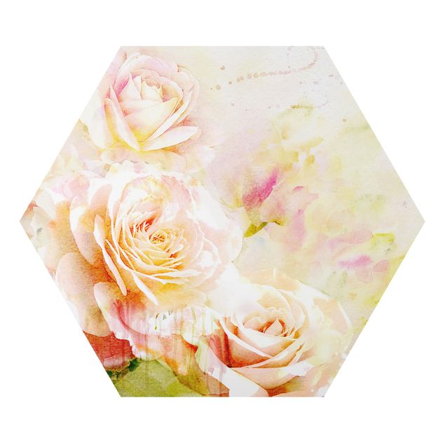 Hexagons Aluminium Dibond schilderijen Watercolour Rose Composition
