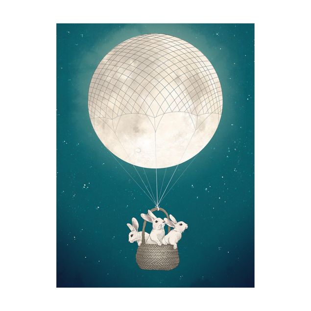 Vinyl tapijt Illustration Rabbits Moon As Hot-Air Balloon Starry Sky