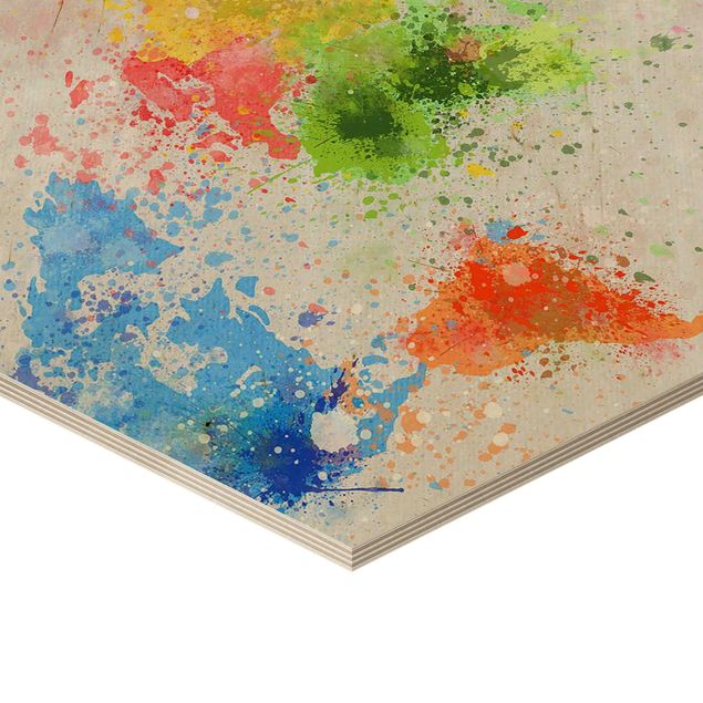 Hexagons houten schilderijen Colourful Splodges World Map