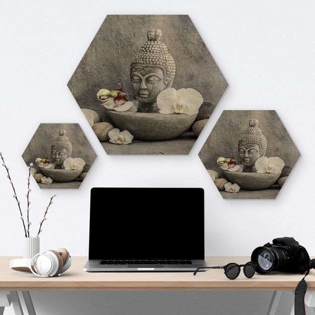 Hexagons houten schilderijen Zen Buddha, Orchids And Stones