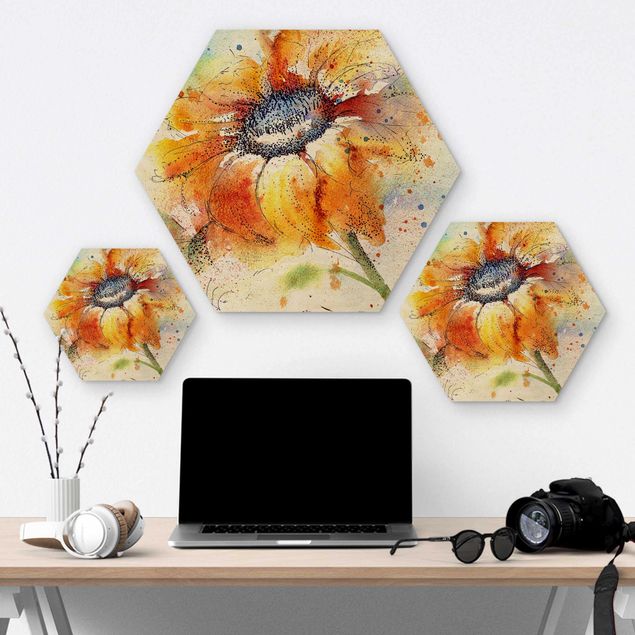 Hexagons houten schilderijen Painted Sunflower