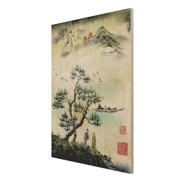 Houten schilderijen Japanese Watercolour Drawing Pine And Mountain Village