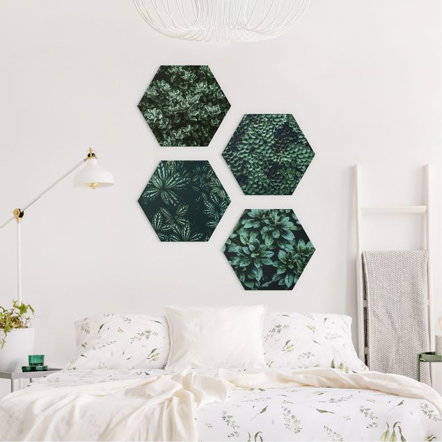Hexagons Forex schilderijen - 4-delig Green Leaves Set I