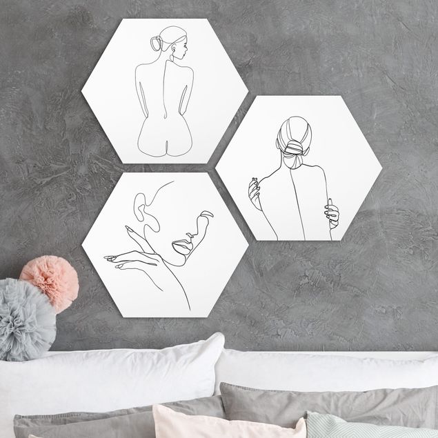Hexagons Forex schilderijen - 3-delig Line Art Women Act Black And White Set
