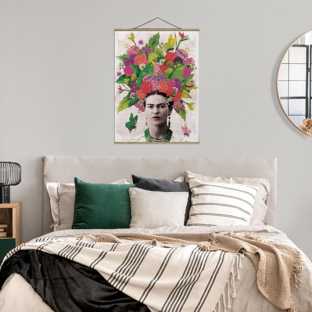 Stoffen schilderij met posterlijst Frida Kahlo - Flower Portrait