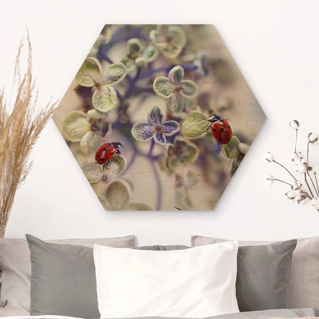 Hexagons houten schilderijen Ladybird In The Garden
