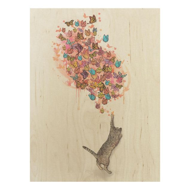 Houten schilderijen Illustration Cat With Colourful Butterflies Painting