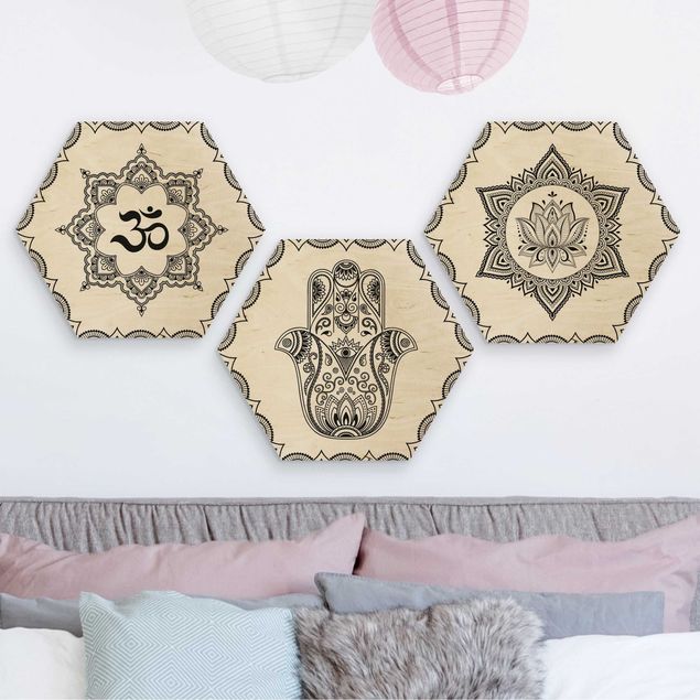 Hexagons houten schilderijen - 3-delig Hamsa Hand Lotus OM Illustration Set Black And White