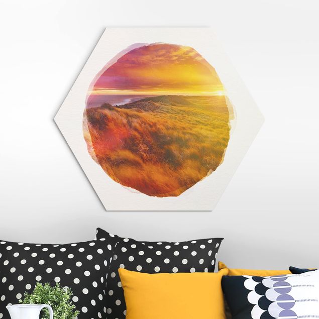 Hexagons Aluminium Dibond schilderijen WaterColours - Sunrise On The Beach On Sylt