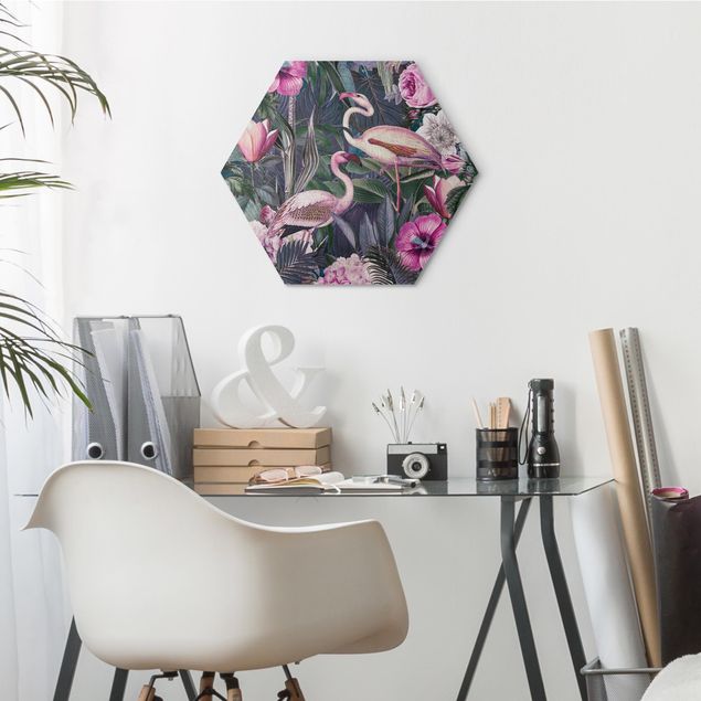 Hexagons Aluminium Dibond schilderijen Colourful Collage - Pink Flamingos In The Jungle