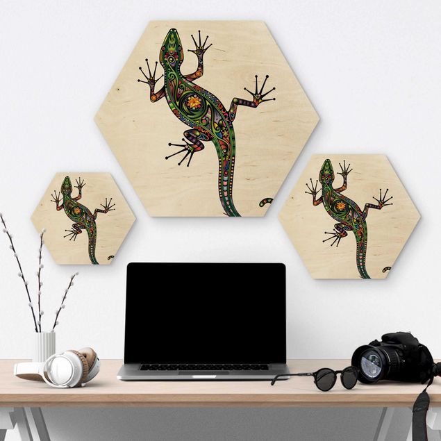 Hexagons houten schilderijen Gecko Pattern
