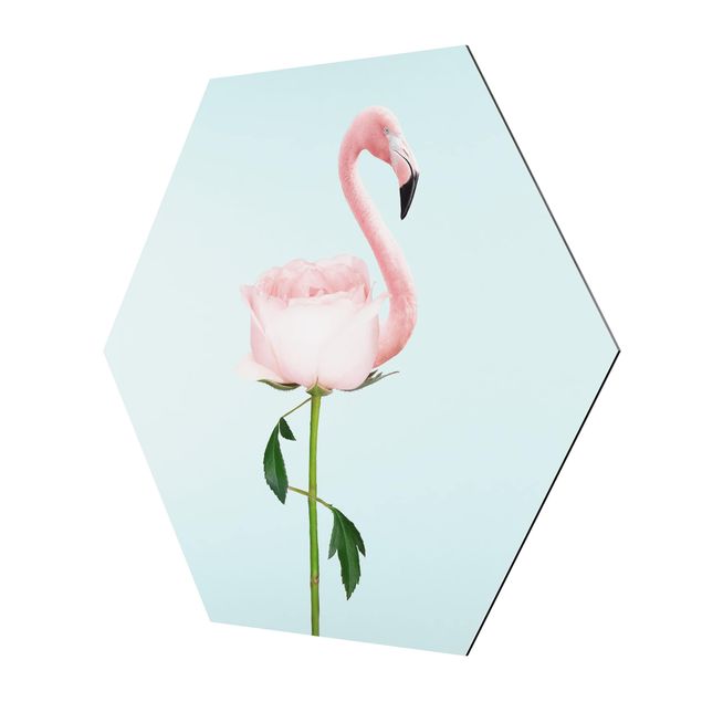 Hexagons Aluminium Dibond schilderijen Flamingo With Rose