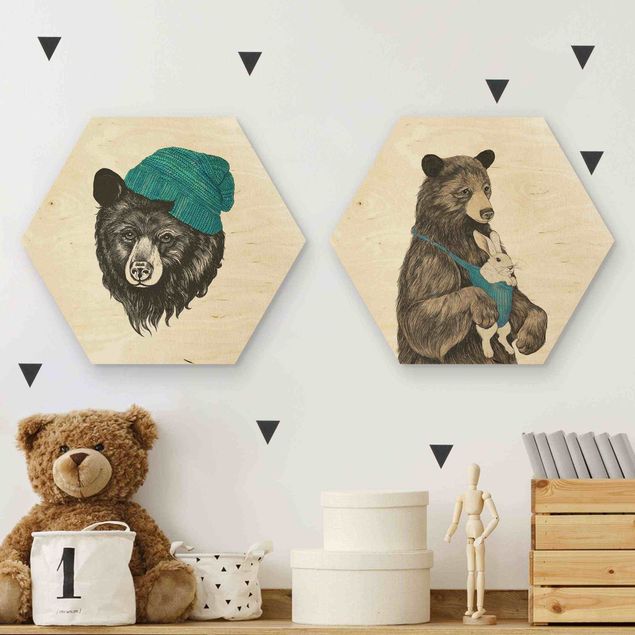 Hexagons houten schilderijen - 2-delig Bear Couple