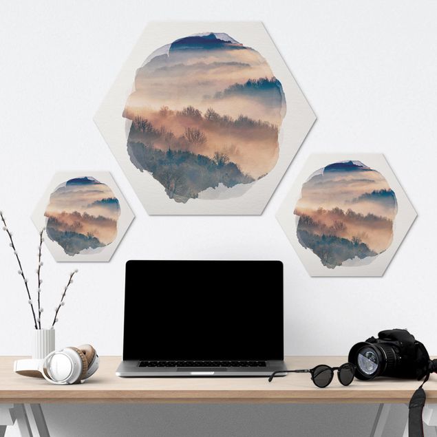 Hexagons Aluminium Dibond schilderijen WaterColours - Mist At Sunset