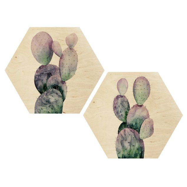 Hexagons houten schilderijen - 2-delig Cactus In Purple Set I