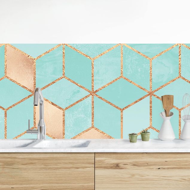Achterwand voor keuken patroon Turquoise White Golden Geometry