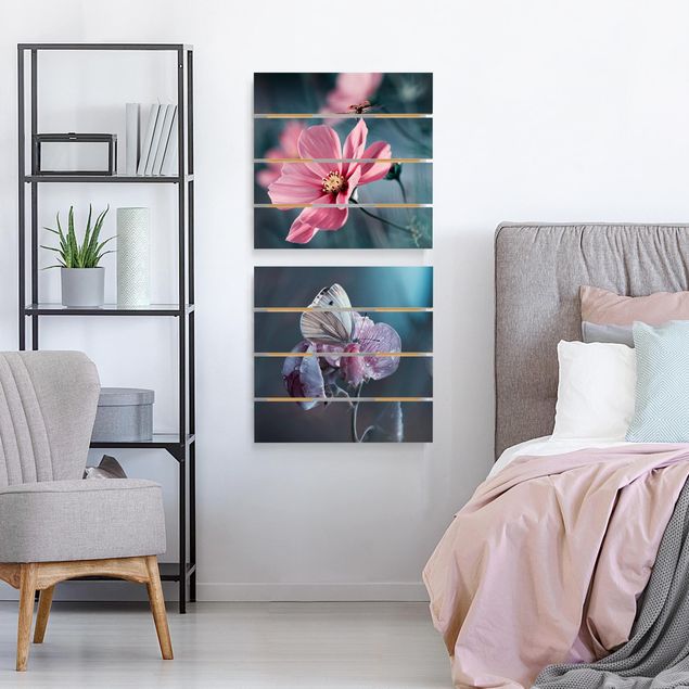 Houten schilderijen op plank - 2-delig Butterfly And Ladybug On Flowers