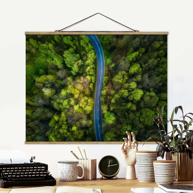 Stoffen schilderij met posterlijst Aerial View - Asphalt Road In The Forest