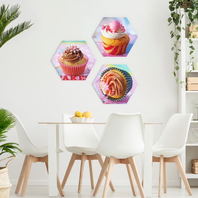 Hexagons Aluminium Dibond schilderijen - 3-delig Colourful Cupcakes