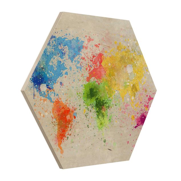 Hexagons houten schilderijen Colourful Splodges World Map