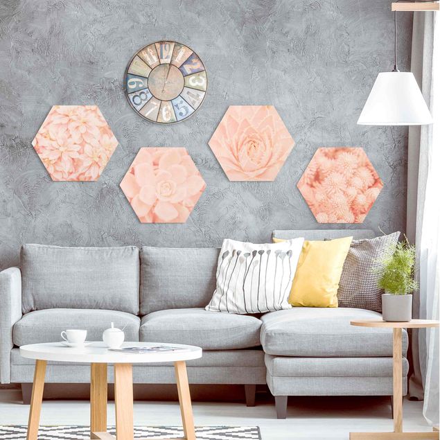 Hexagons Aluminium Dibond schilderijen - 4-delig Pink Flower Magic