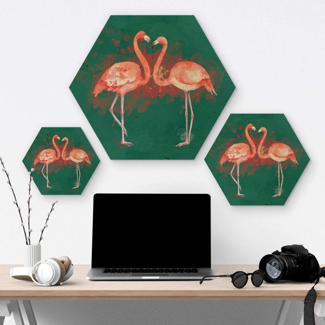 Hexagons houten schilderijen Flamingos