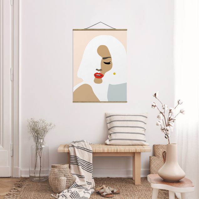 Stoffen schilderij met posterlijst Line Art Portrait Woman Pastel Beige