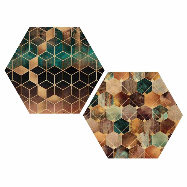 Hexagons houten schilderijen - 2-delig Turquoise Geometry Golden Art Deco Set