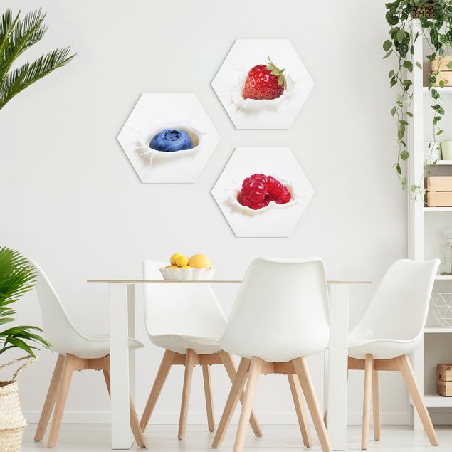 Hexagons Forex schilderijen - 3-delig Fruit Milk Splash
