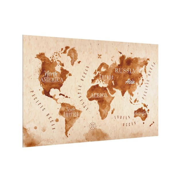 Spatscherm keuken World Map Watercolor Beige Brown