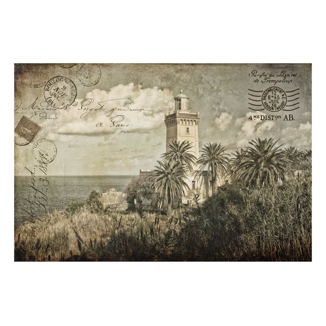 Aluminium Dibond schilderijen Vintage Postcard With Lighthouse And Palm Trees