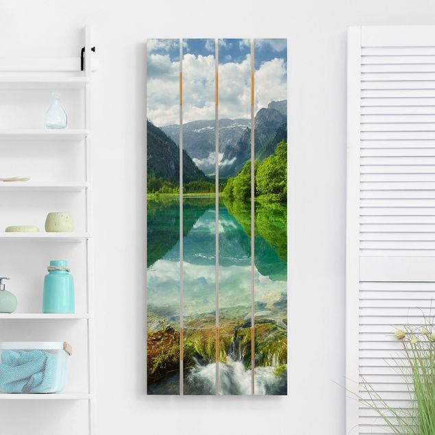 Houten schilderijen op plank Mountain Lake With Water Reflection