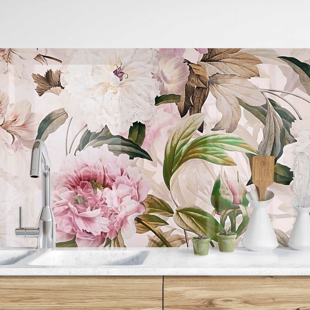 Achterwand voor keuken bloemen Illustrated Peonies In Light Pink