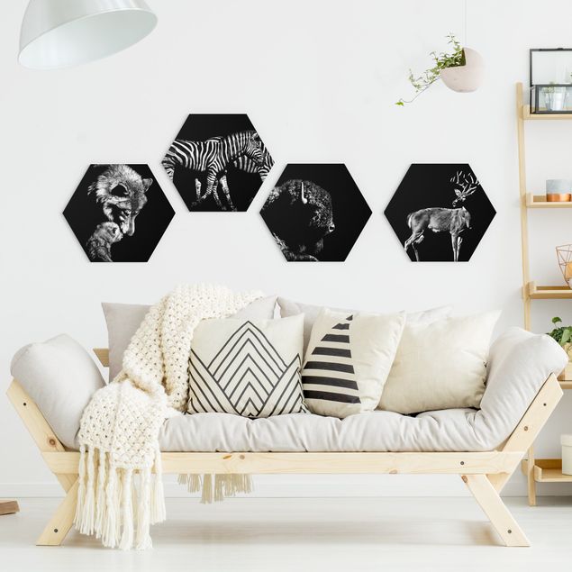 Hexagons Aluminium Dibond schilderijen - 4-delig Wild Animals From Black Set II